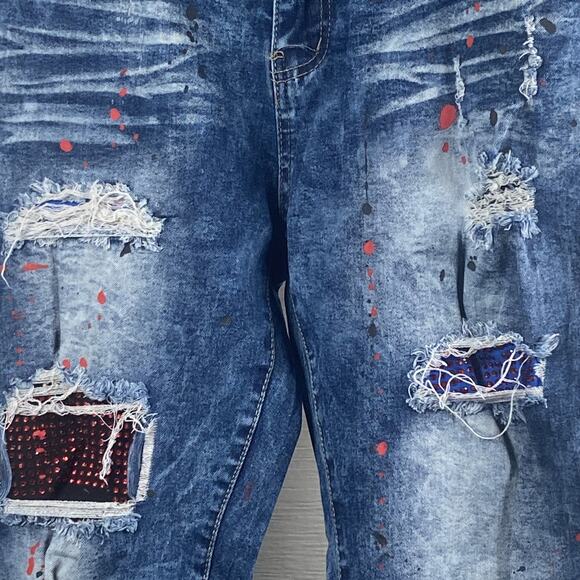 Rock Salt Jeans Mens 38 Distressed Patchwork Paint Splatter Ripped Denim Pants 3 - Picture 5 of 8